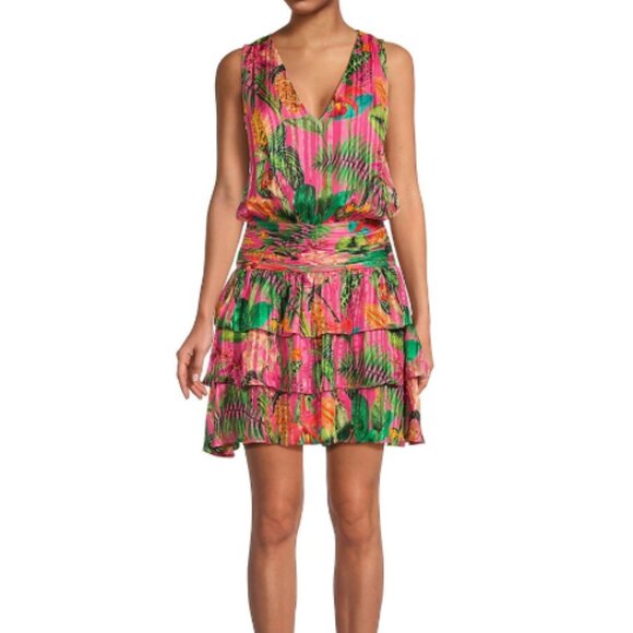 Ramy Brook Wilson Silk Mini Dress M Pink Tropical Floral Pleated Boho Resort - Picture 4 of 6